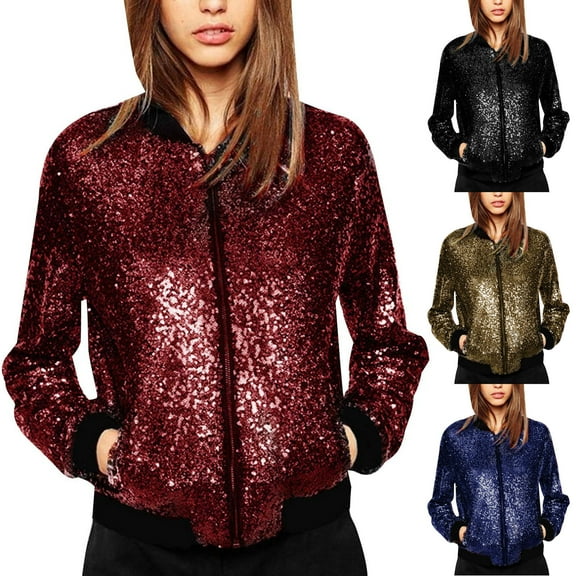 QATAINLAV Mother's Day Gifts! Women's Sequin Shiny Jacket Long Sleeve Zipper Glitter Bomber Jacket Shimmering Party Outwear Coat Birthday Holiday Clothes Blue M