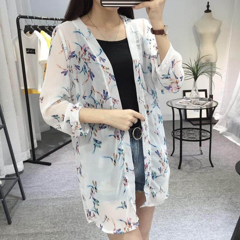 Women's Sheer Chiffon Blouse Loose Tops Kimono Floral Print Cardigan