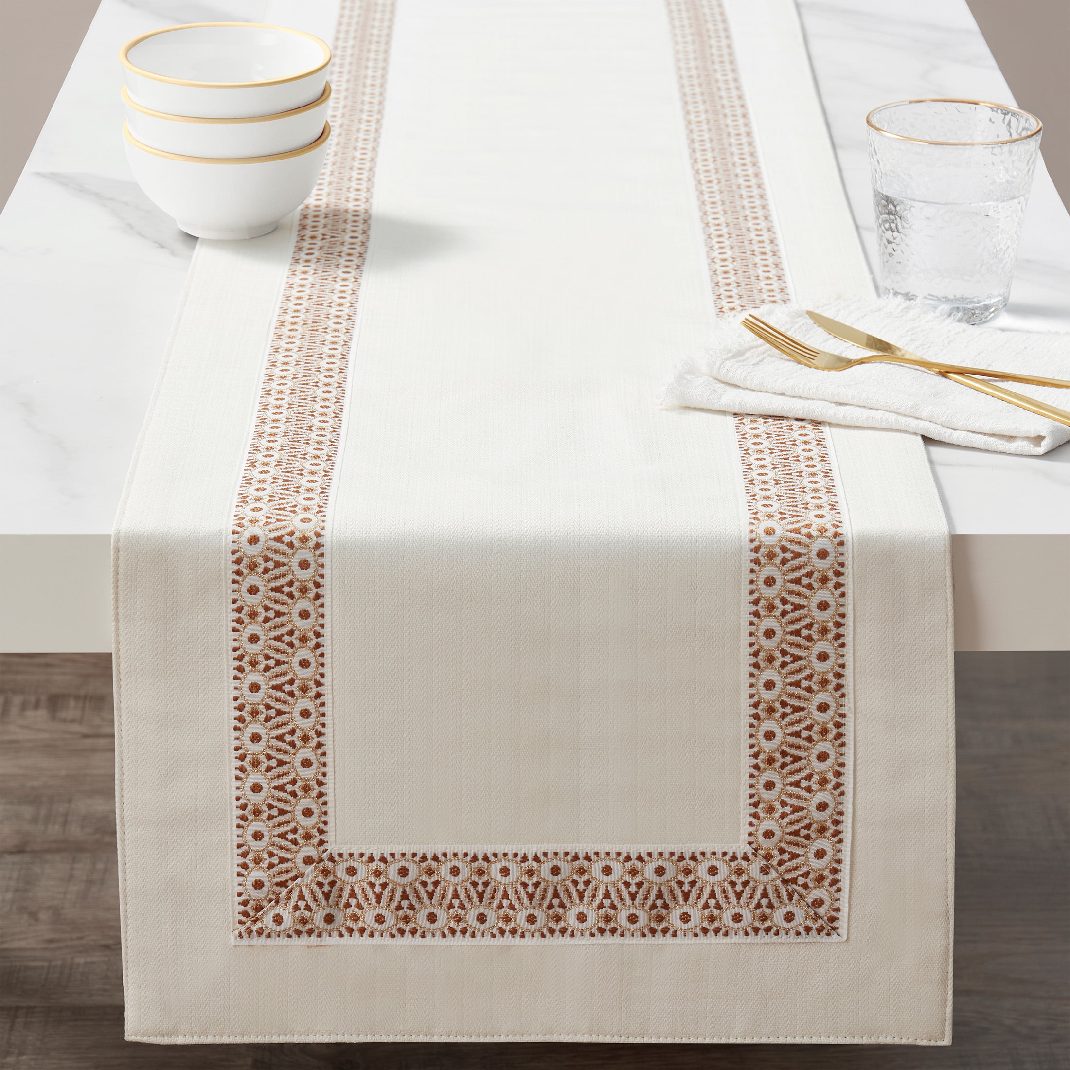 Sofia Home Polyester Jacquard 14' x 90' Table Runner, Cream by Sofia Vergara