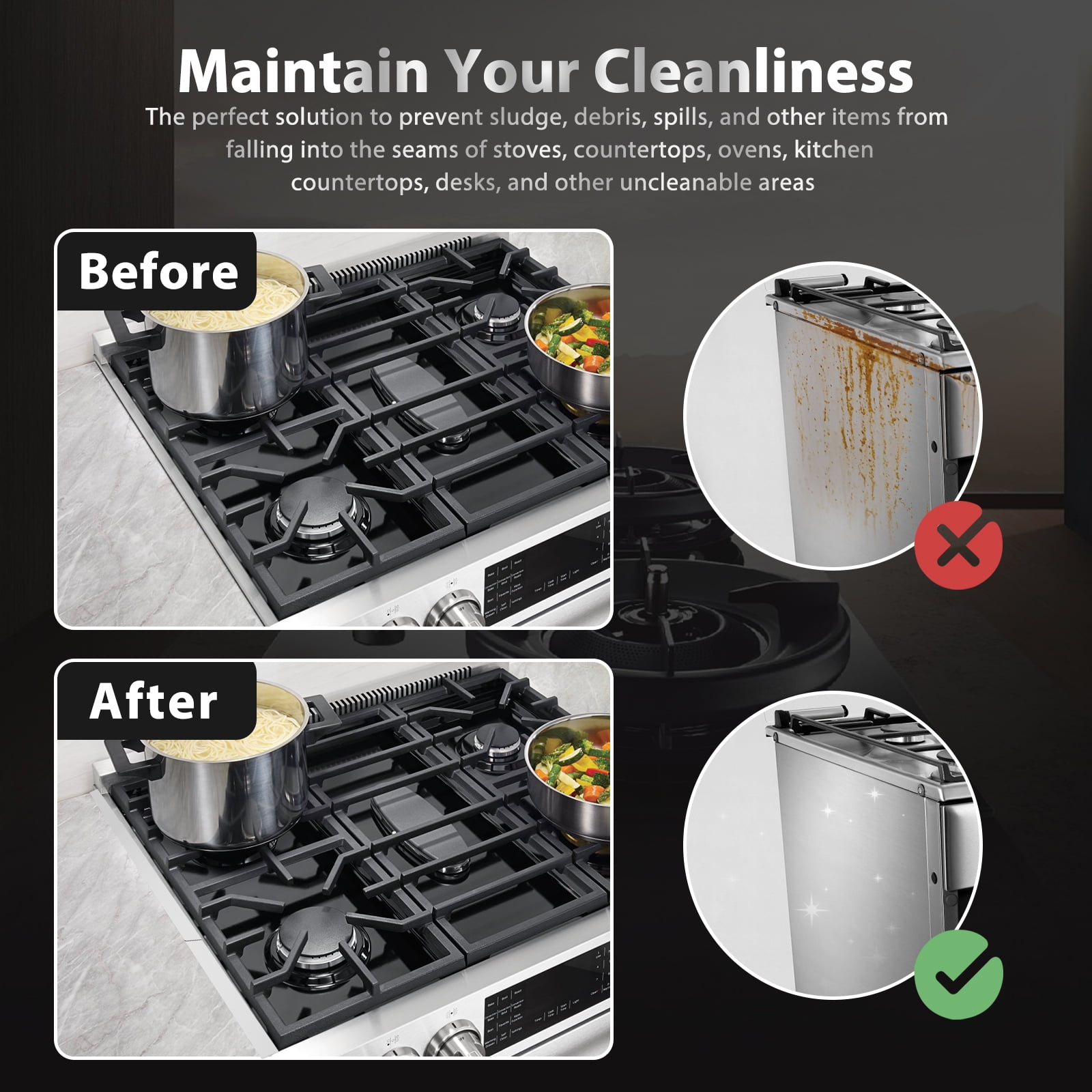 2Pcs Stainless Steel Stove Gap Covers Snug Fit Adjustable Length Oven Side Gap Fillers Anti Rust Heat Resistant Stove Counter Gap Fillers for Home Kitchen