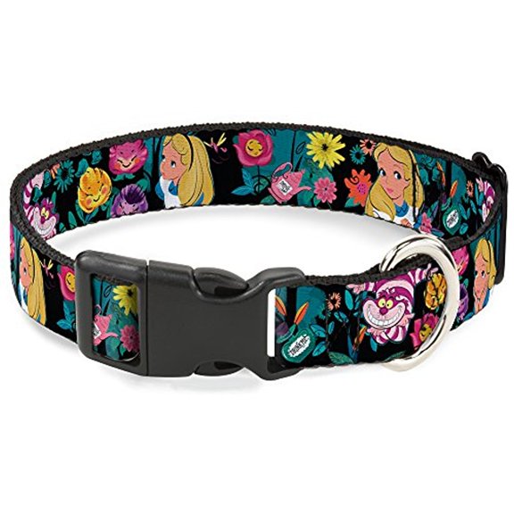 Buckle-Down Alice Cheshire Cat Flowers Poses Black Multicolor Disney Breakaway Plastic Clip Collar, Narrow-Large