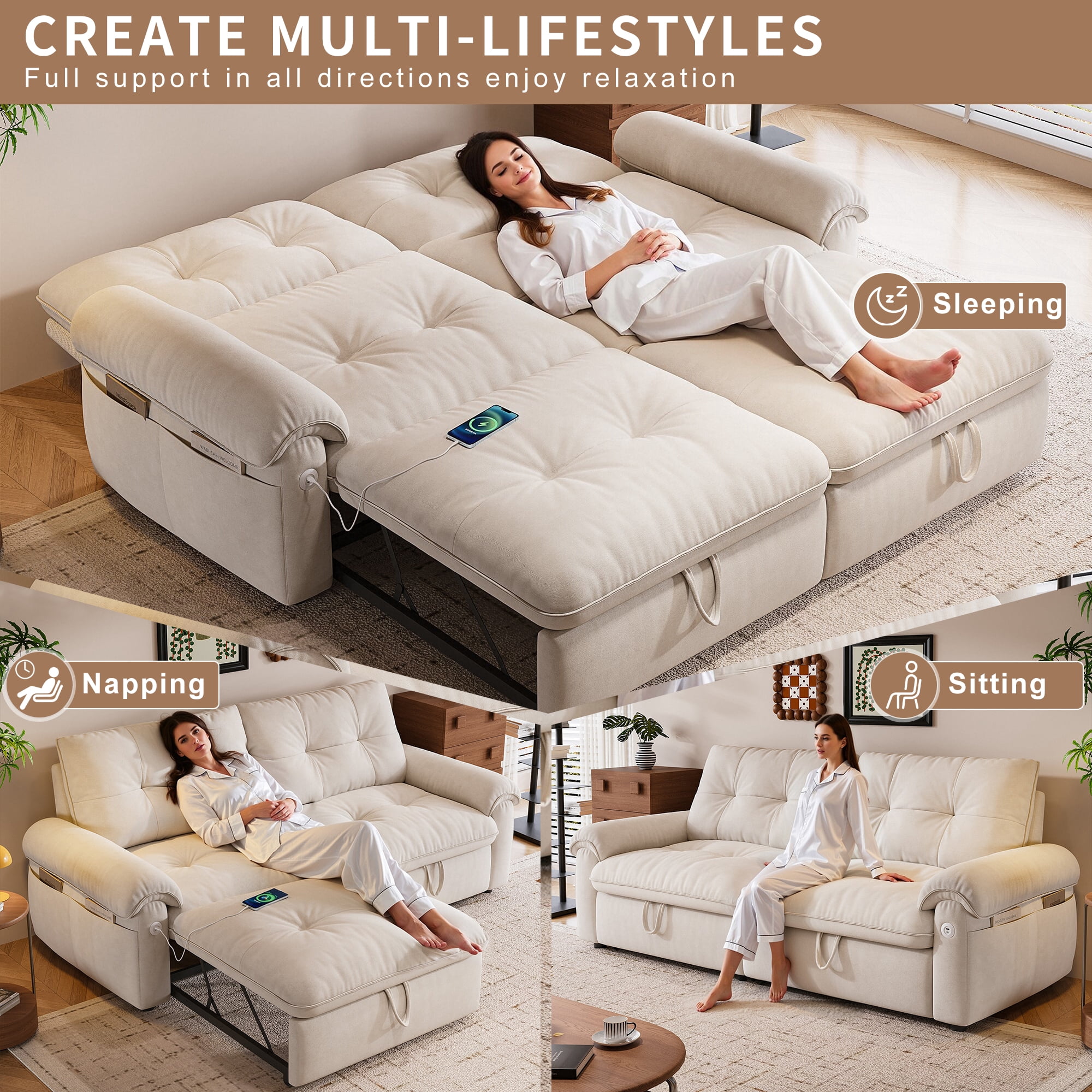 LLappuil 77" Pull Out Sofa Bed Queen Size, Loveseat Sofa Convertible Sleeper Sofa Bed, Flannelette Fabric Sofa Couch for Living Room Beige