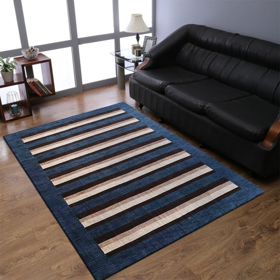 Rugsotic Carpets Handmade Rugs Hand Knotted Loom Rectangle 8'x10' Blue Brown Wool for Indoor Use