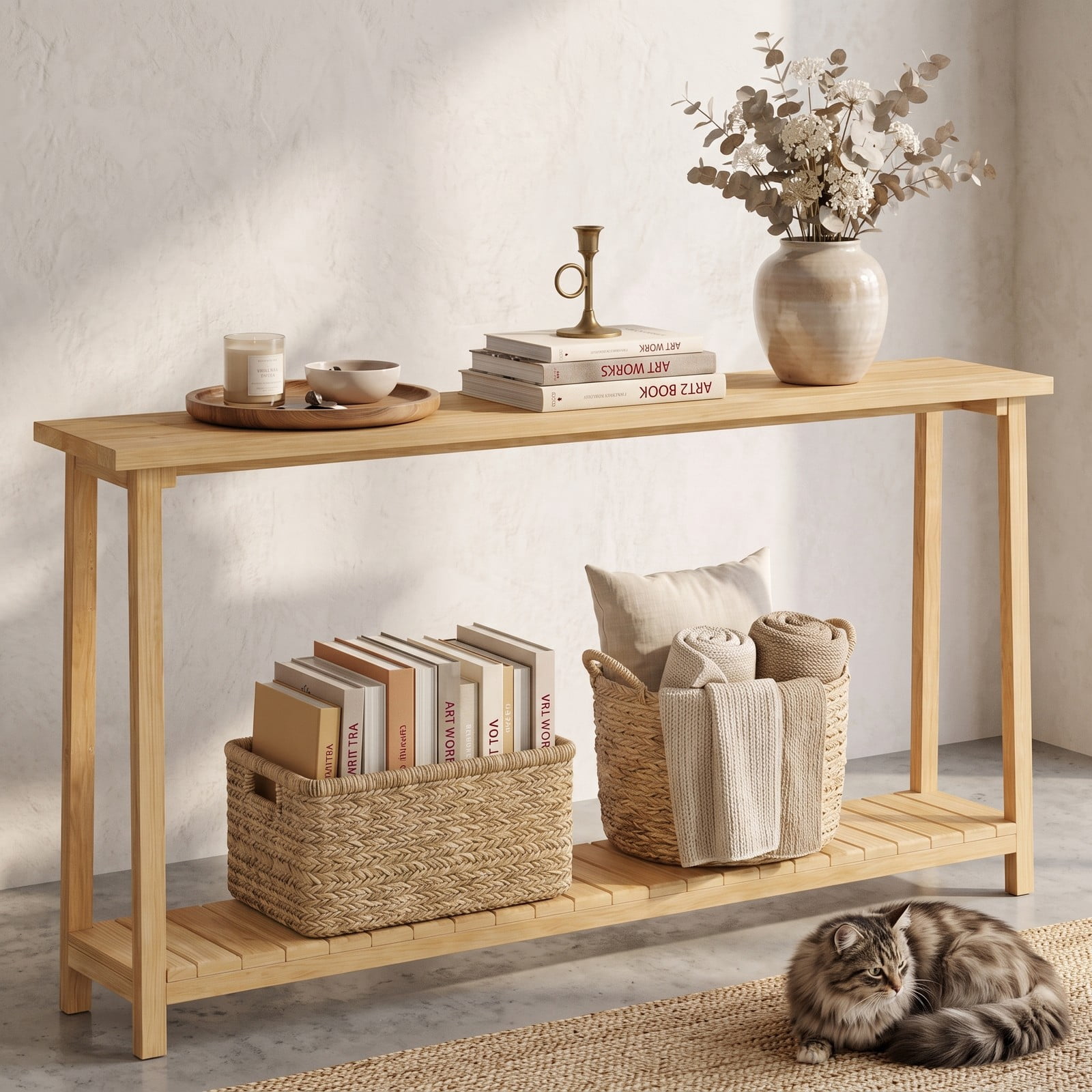Furnibear 2-Tier Farmhouse Sofa Table with Solid Teak Wood Frame and Open Storage Shelf for Living Room and Entryway, Natural