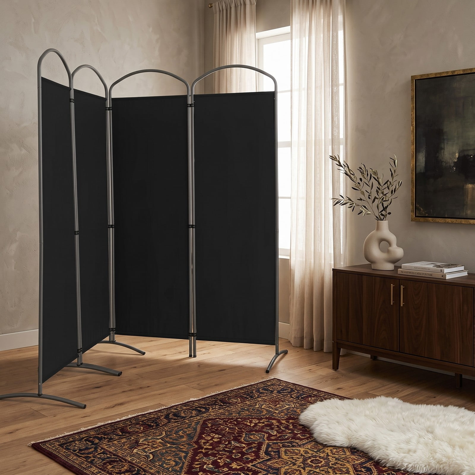 ALPULON 6.2Ft Folding 4-Panel Room Divider Freestanding Privacy Screen Partition for Home Office Living Room Bedroom, Polyester Fabric with Metal Base, Black