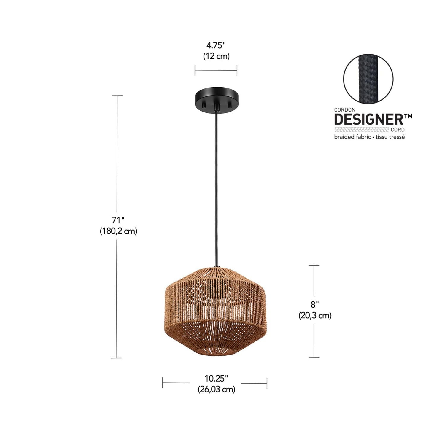 Lotus 1-Light Pendant Lighting, Natural Twine Shade, Black Fabric Cord