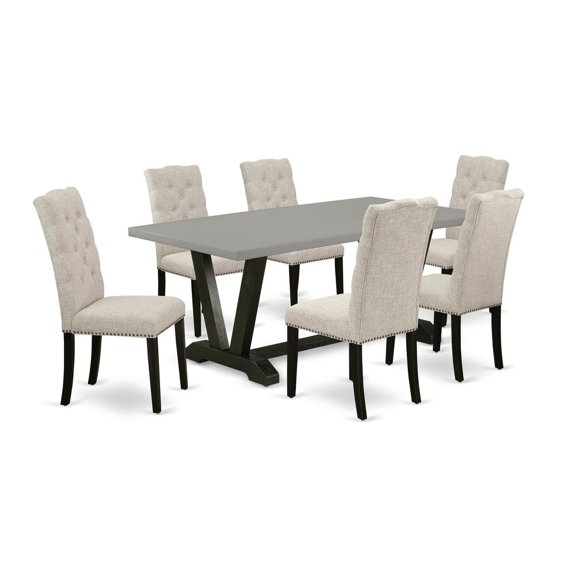 East West Furniture V-Style 7-piece Dining Set w/ Linen Seat in Khaki Brown