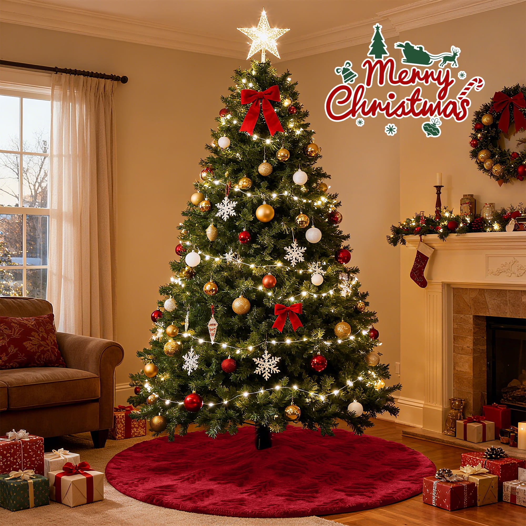 Inadays Christmas Tree Skirt Red Plush Skirts Christmas Decorations Indoor Xmas Ornaments Holiday Decor for Party, 48in