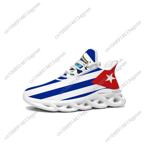 Zapatillas deportivas planas con bandera cubana para hombre y mujer, deportivas de alta calidad con cordones y malla, hechas a medida, color blanco