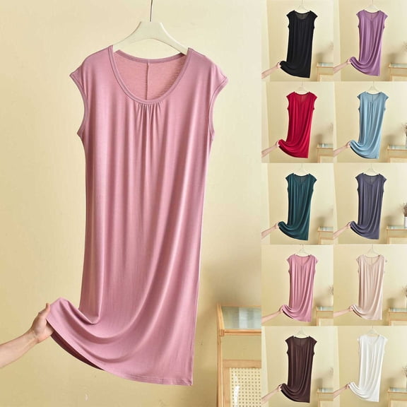 Asxite Plus Size Womens Pajamas Solid Sleeveless Round Neck Loose Breathable Casual Loungewear Nightgown