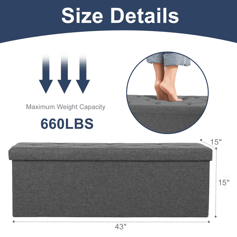 Kelno 43" Foldable Storage Ottoman Bench Linen Footrest Stool with Foam Padded Seat, Gray