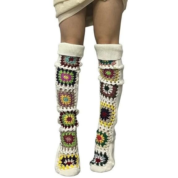 IWRICH Women's Cable Knit Thigh Socks Ethnic Floral Crochet Knit over Knee High Stockings Tube Leg Warmers Boot Socks White