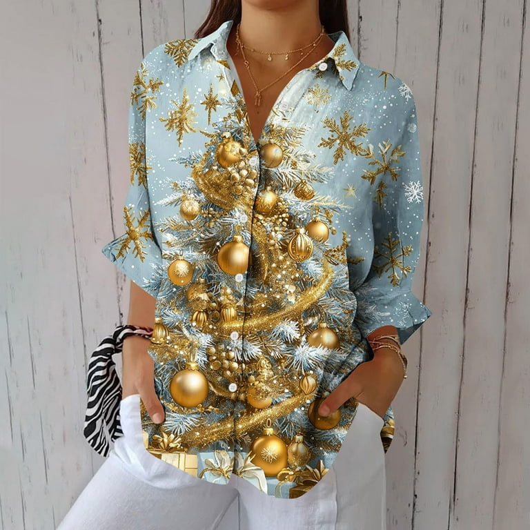 Enjoytime Womens Blouse Christmas Tree Printed V-Neck Long Sleeve Tops Fashion Casual Button Down Shirt Fall Winter Plus Size Clothing