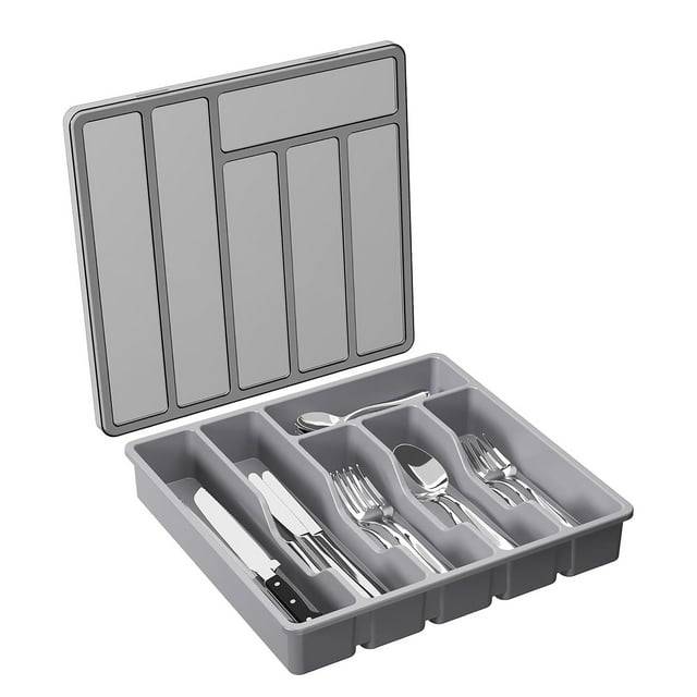 Silverware Organizer Tray for Kitchen Drawer and Countertop Storage with Six Compartment Design