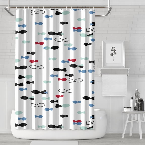 Cartoon Sea Life Fish Print Shower Curtain 72x72 Inch, Waterproof Polyester Fabric with Hooks for Kids or Nautical-Themed Bathroom