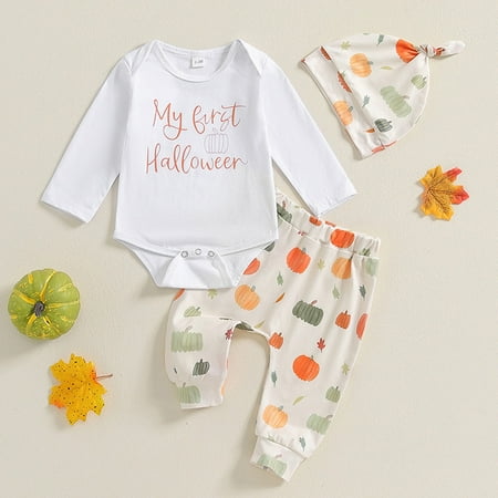 

Geire Baby Girls 3PC Outfits Set Spring Summer Cute Letter Printed Button Rompers & Pumpkin Printed Elastic Waist Pants & Matching Hat Comfy Set Size 3-18 Months