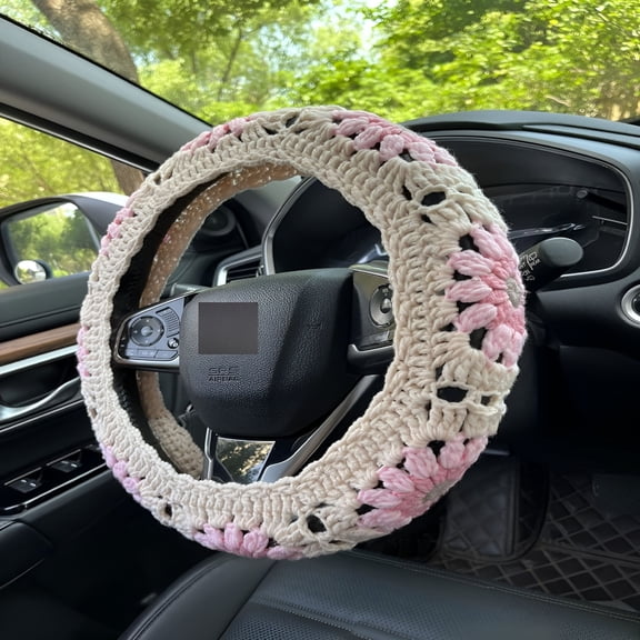 MELIVO Crochet Sunflower Car Steering Wheel Covers Light Pink Universal 14-15 inch for Women/Men (Steering Wheel Cover)