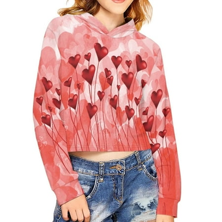 FKELYI Heart Shape Balloon Crop Tops Hoodies Size 13-14 Years Comfy Party Hooded Pullover Tops Girls Stretchy Playing Long Sleeve Sweatshirts Fashion