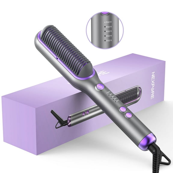 NEXPURE Hair Straightener Brush, Ionic Straightening Brush with 5 Temps, Anti-Scald Ceramic Hot Comb, Dual Voltage, Purple