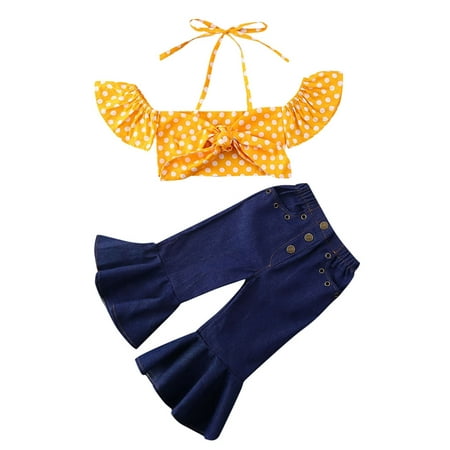 

Toddler Baby Girls Clothes Off Shoulder Ruffle Sling Dots Crop Tops Bell Buttom Denim Pants Set