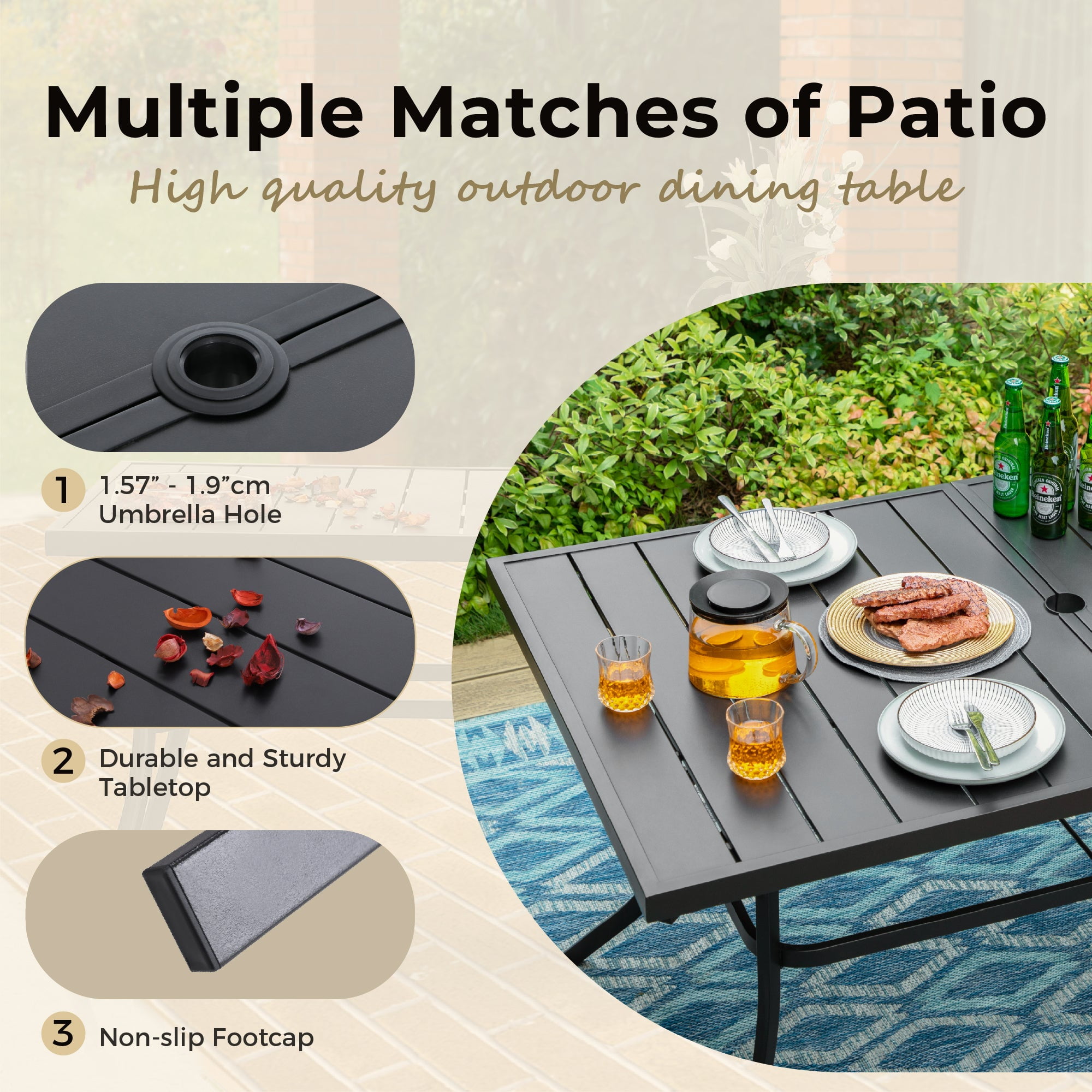 6-Seat Black Metal Outdoor Patio Dining Table with 1.57