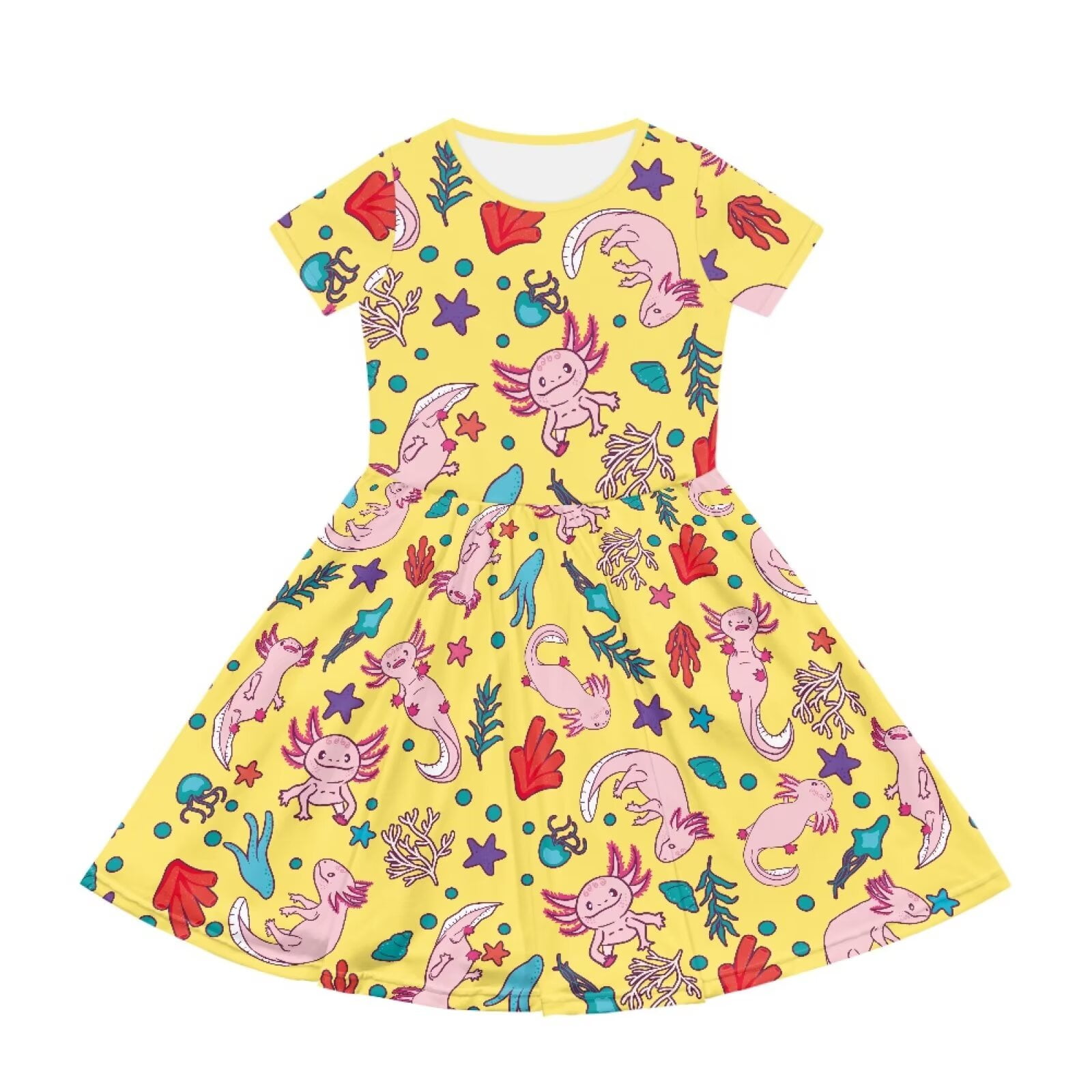 Uourmeti Axolotl Summer Dresses for Toddler Girls Cute Swing Dress Casual Loose Crewneck Short Sleeve Midi Dresses with Pockets