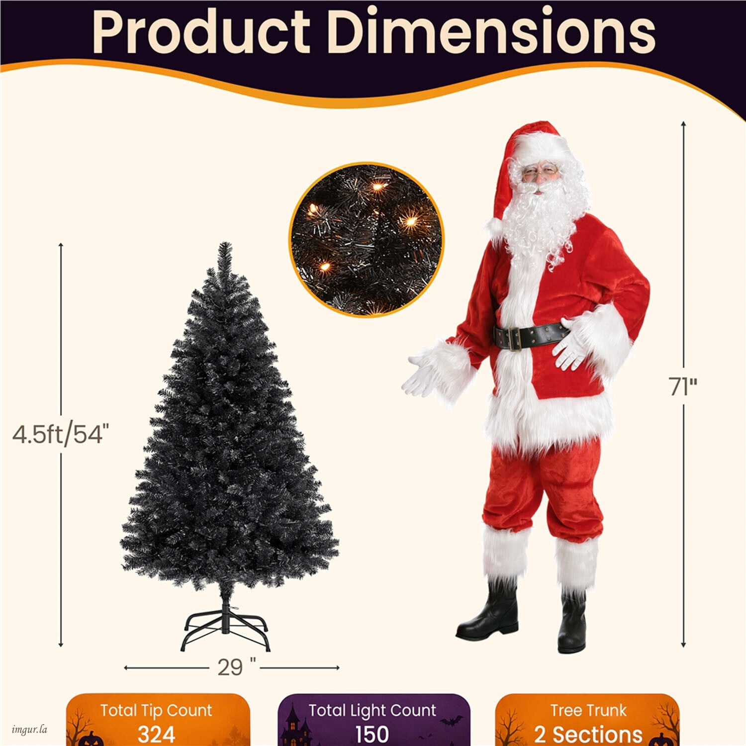 Alden Design 4.5FT Artificial Pre-lit Christmas Fir Tree with Foldable Stand,150 LED Warm Lights,Black