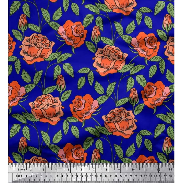 Soimoi Tissu Popeline de Coton Feuilles et Imprimés Floraux de Roses au Mètre 42 Pouces de Large