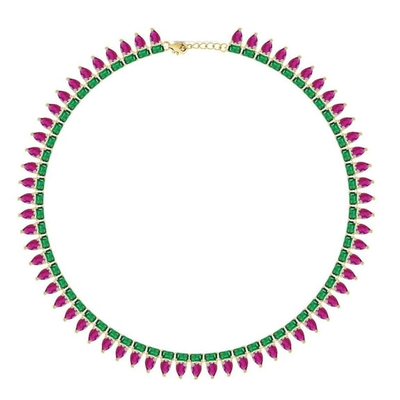 925 Lab Emerald octagon with Lab created Ruby Pear Tennis Necklace,Yellow Gold Plated Lab Emerald Tennis Necklace,Handmade Necklace Gift for