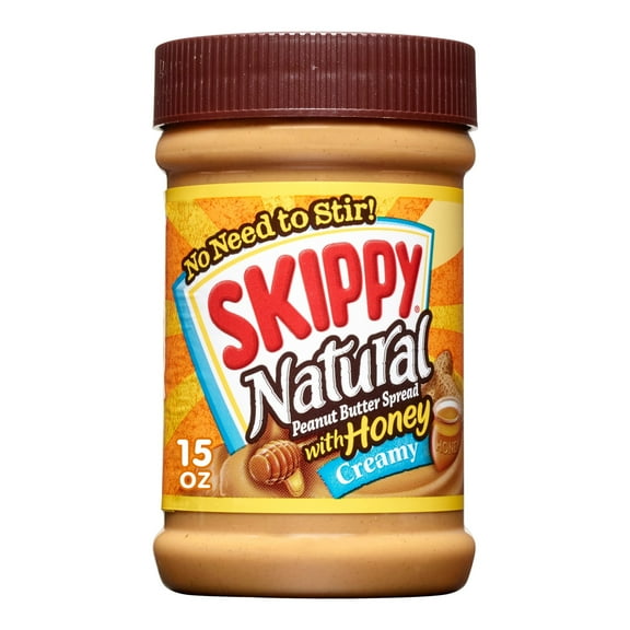 SKIPPY Natural Creamy Peanut Butter Spread with Honey, 6 g Protein Per Serving, Shelf-Stable, 15 oz Plastic Jar