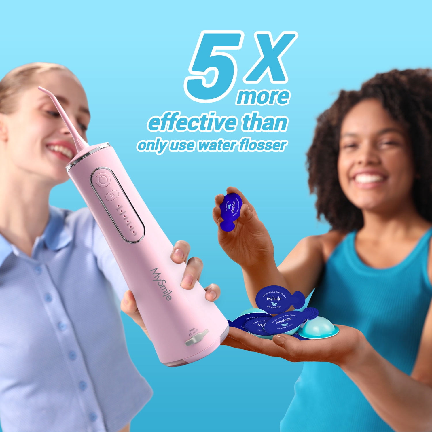 MySmile LP211 Portable Water Flosser Cordless for Teeth & 30pcs Mouthwash Combo, Power Water Dental Flosser Electric Picks, Rechargeable Oral Irrigator, Waterproof, 5 Modes, 8 Tips, Travel Bag, Pink