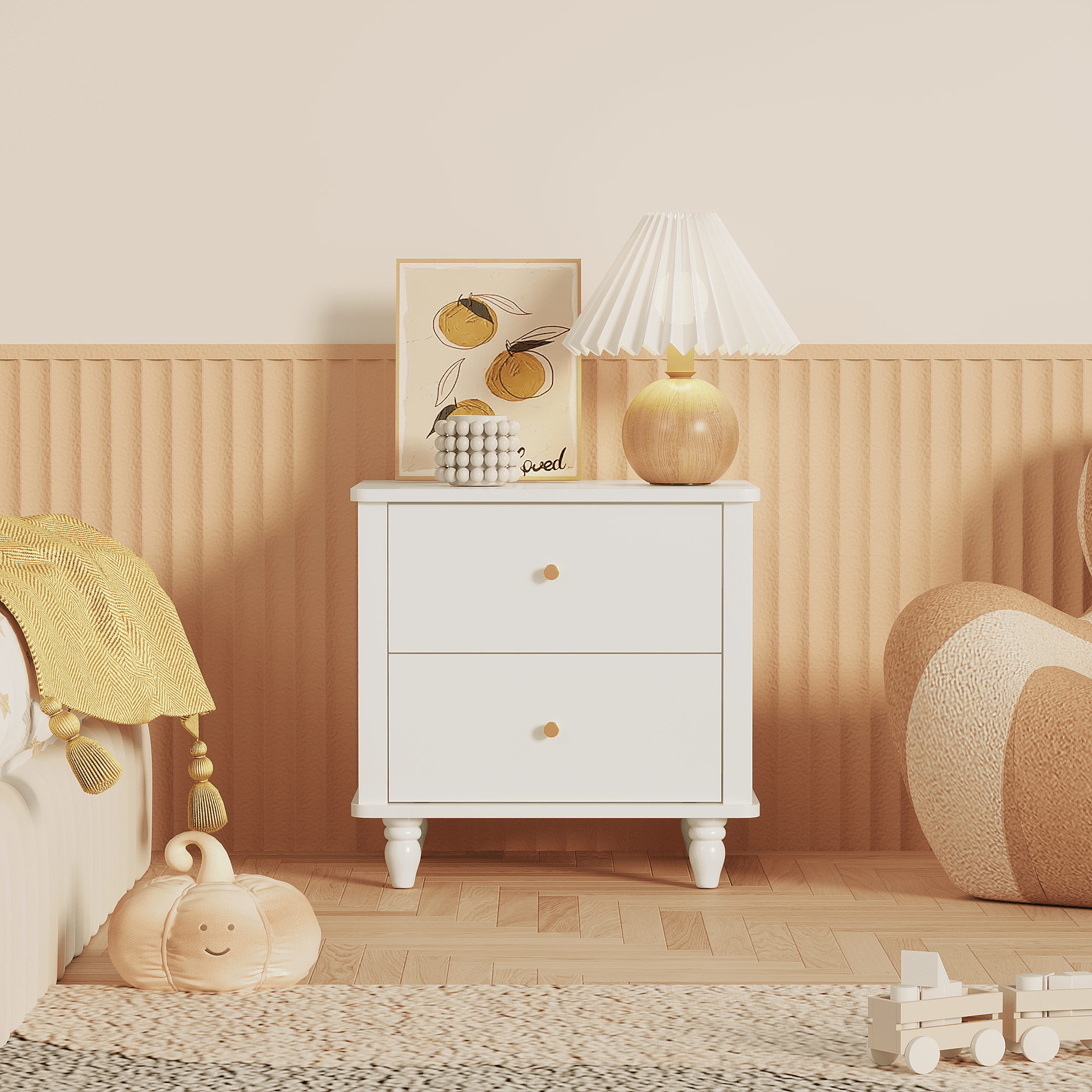 Modern 2-Drawer Nightstand, MDF Wooden Bedside Table with Round Knobs, Small Bedside Cabinet End Table for Bedroom, Living Room, Kids Room, White