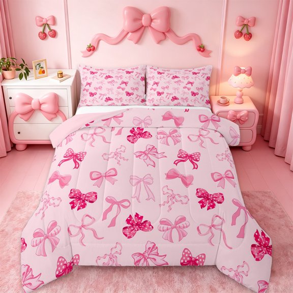 Manfei Bow Tie Ribbon Bedding Comforter Set,Kawaii Cartoon Bowknot Twin Comforter Sets,Cute Pink Bowtie Bedding Set For Girl,Super Cozy Room Decor Reversible,2 Pieces