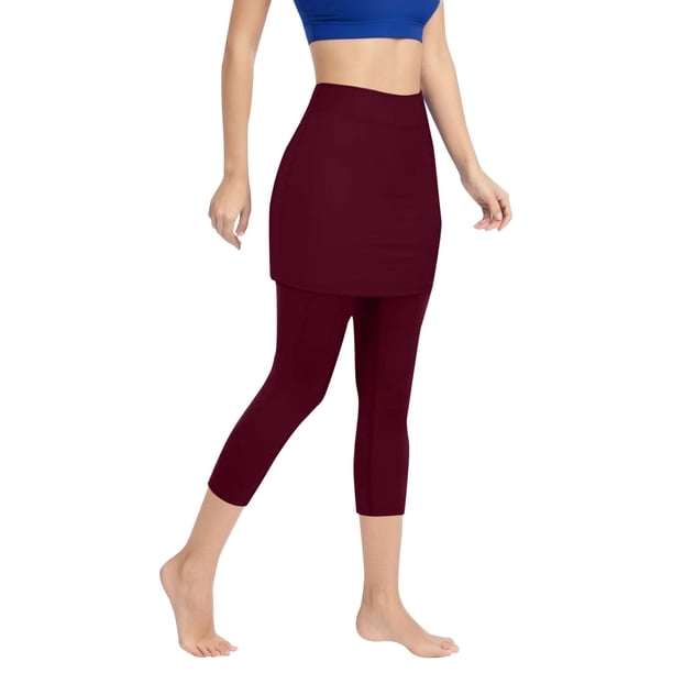 Leggings de yoga con falda para mujer: pantalones deportivos elásticos con bolsillos, tejido de poliéster, adecuados para tenis/yoga y uso diario.