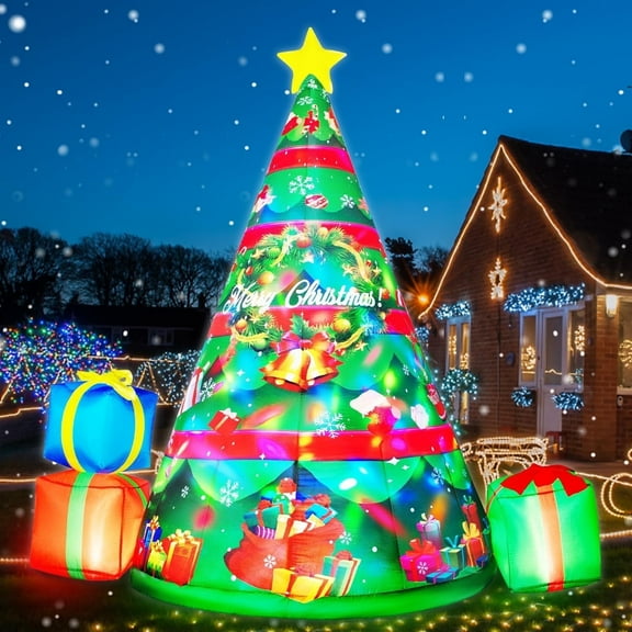 7FT Christmas Inflatables Tree Built-in 360° Rotating Colorful LEDs, Christmas Blow up Yard Decorations with 3 Gift Boxes & Star Christmas Decorations for Xmas Party Holiday Indoor Outdoor