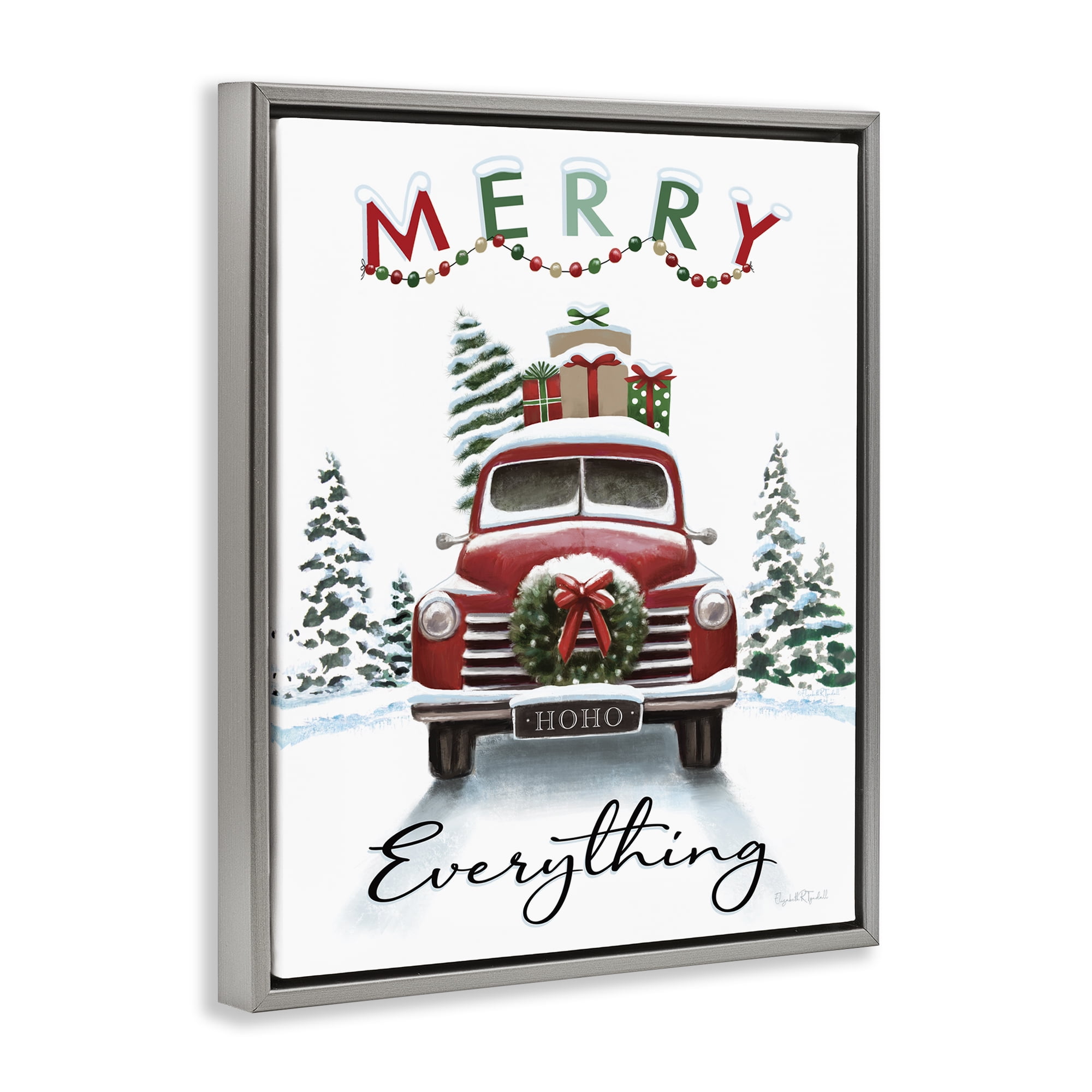 Stupell Industries Merry Everything Gift Car Holiday Painting Gray Floater Framed Canvas Art Prints Wall Art, 25 x 31