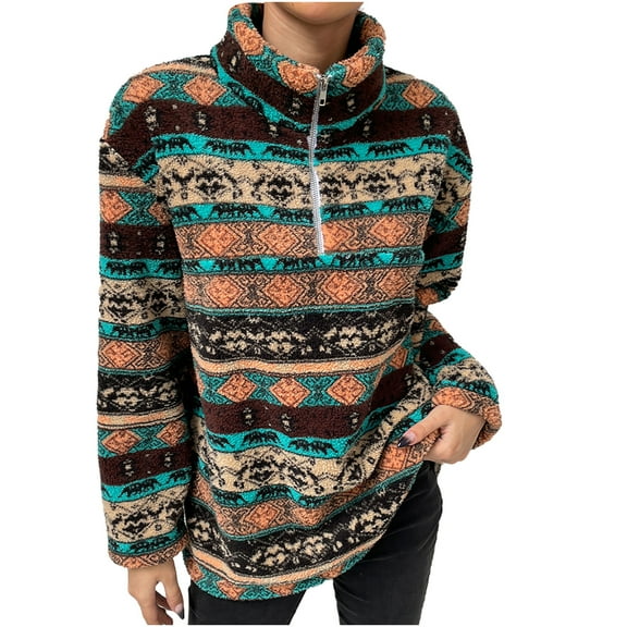 Women Turtle Neck Sweatshirt Western Aztec Print Sherpa Pullover Quarter Zip Long Sleeve Hip Hop Fluffy Soft Fleece Top