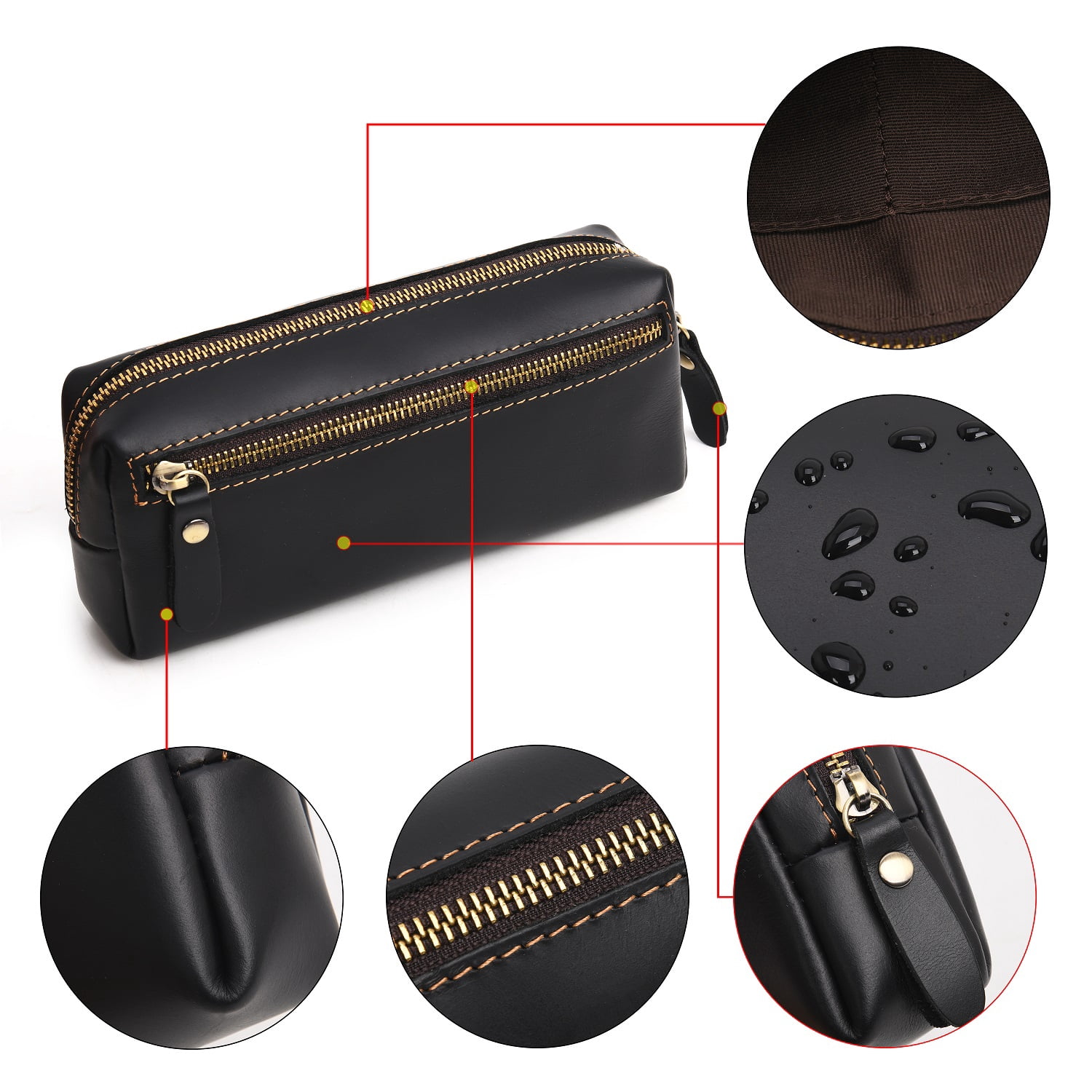 WONDERPOOL Pen Case Real Leather Pencil Pouch Markers Holder Big Capacity Bag with Side Zippered Pocket Sleeve for Stationery Makeup Utensils Organizer (Black)