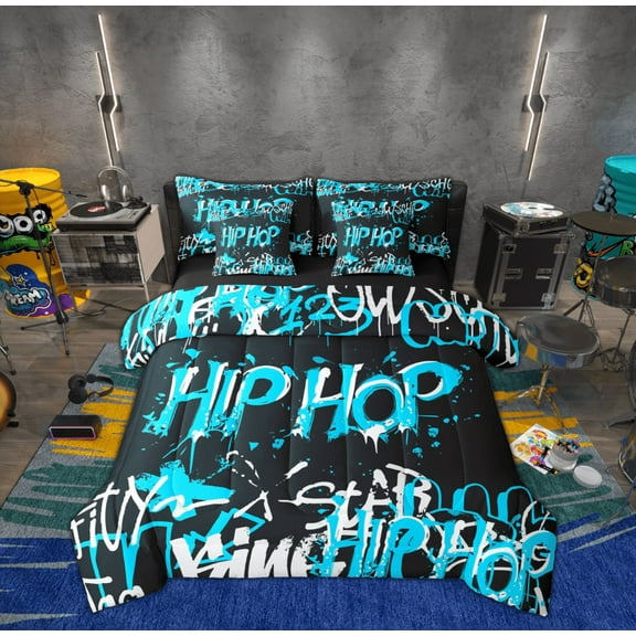 Feelyou Hip Hop Music Twin Bedding Sets 7-Piece for Child, Black Blue Graffiti Bedding Comforter Set, Street Artwork Reversible Sheet Sets, Microfiber Bedroom Decor