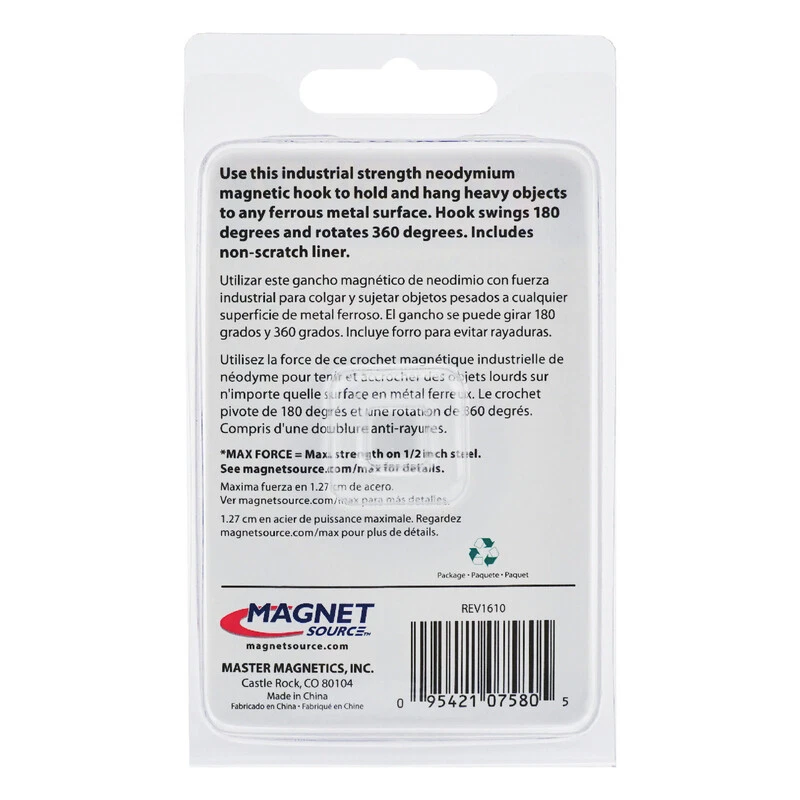 Magnet Source .29 In. L X 1.5 In. W Black Neodymium Rotating Magnetic Hook 65 Lb