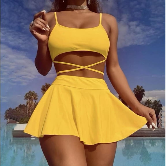 Wyongtao Women's Two Piece Swimsuits Push Up Halter Bikini Ruffled High Waisted A-Frame Swim Skirt,Yellow S