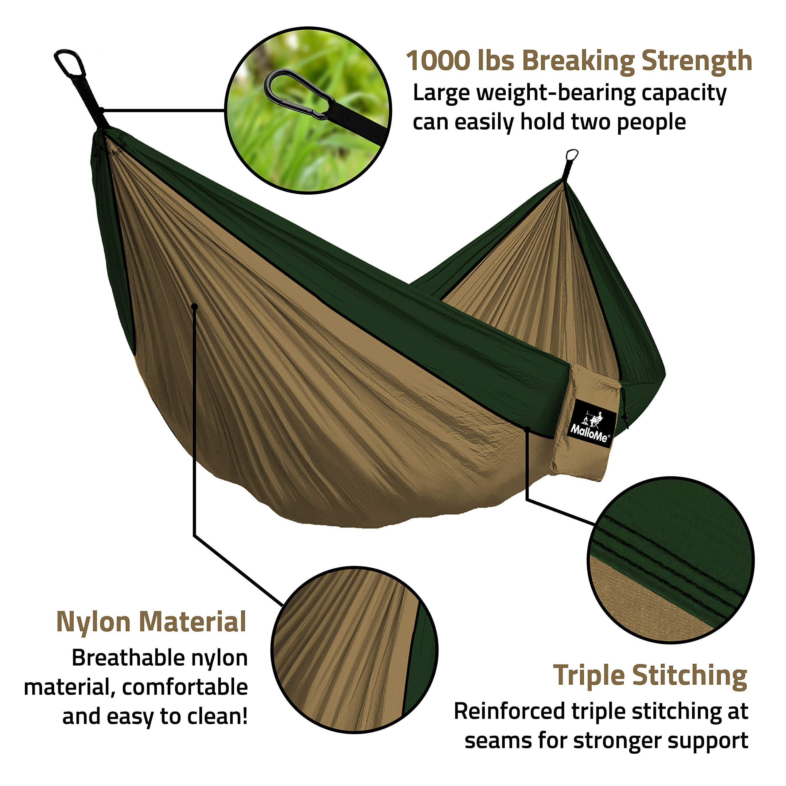 2 Person Equipment Kids Accessories Max 1000 lbs Breaking Capacity MalloMe Double & Single Portable Camping Hammock Parachute Lightweight Nylon with Hammok Tree Straps Set Free 2 Carabiners 