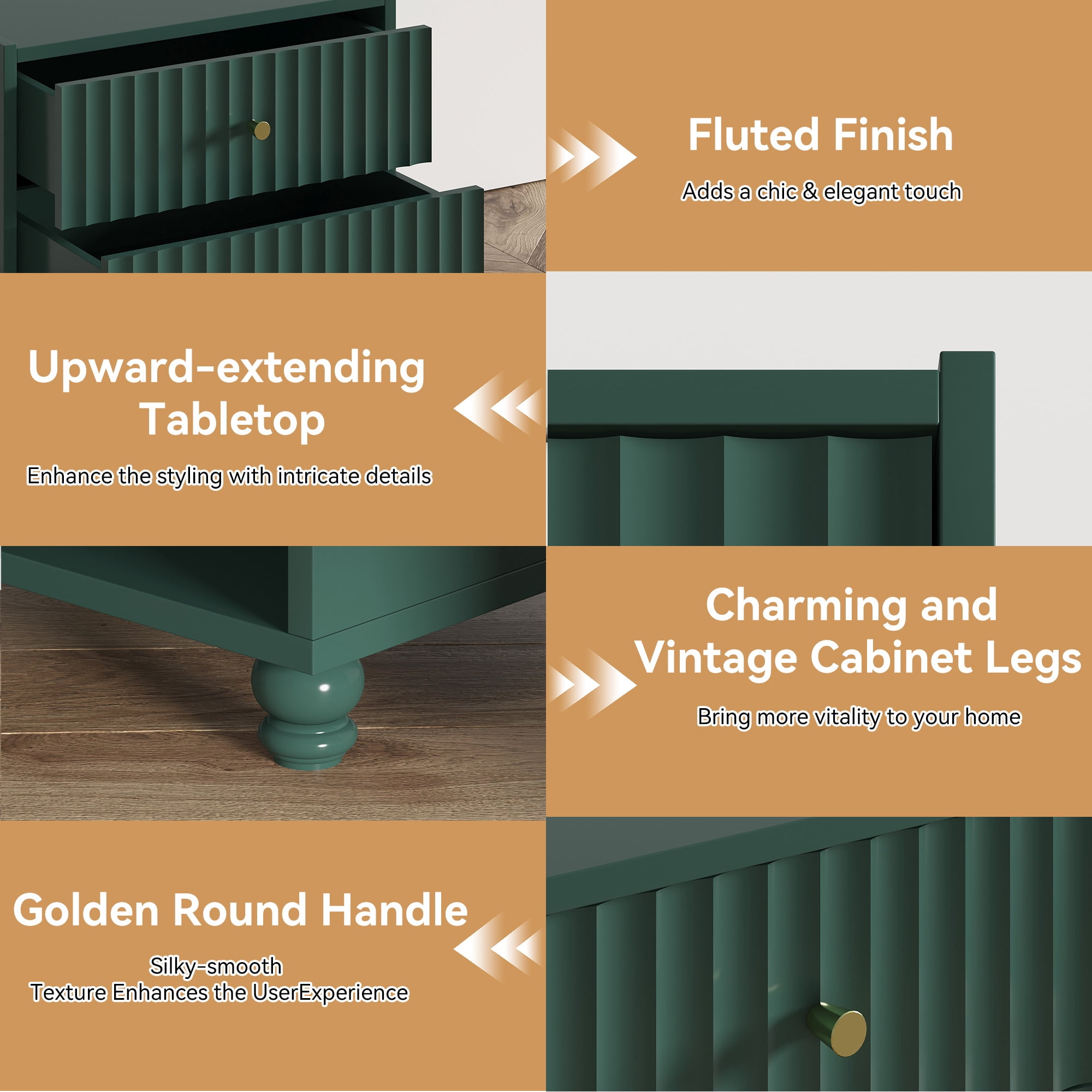 ZOSQUARE Modern Nightstand, Green Fluted Bedside Table with 2 Drawers and Open Shelf, End Tables with Gold Knobs for Bedroom, Living Room
