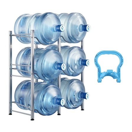 VEVOR 3 Tiers Water Jug Holder, 5 Gallon Water Bottle Holder, Double Row Water Bottle Rack for 6 Bottles, Heavy Duty Water Jug Rack for Kitchen, Office, Living Room, Silver