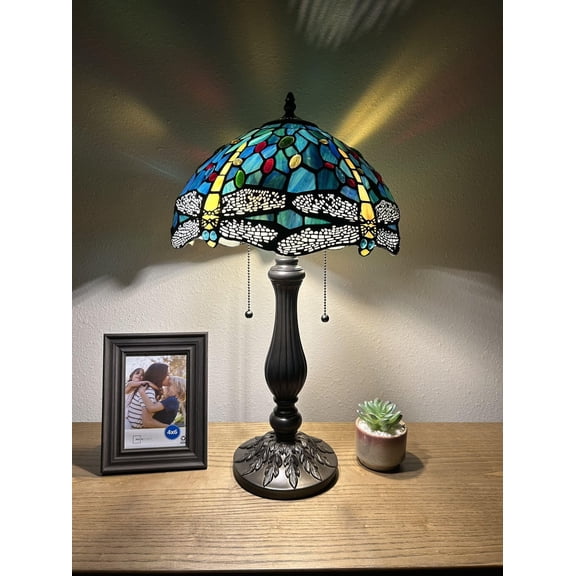 Tiffany Table Lamp Green Blue Stained Glass Dragonfly LED Bulbs Included Pull Chain Switches for Living Room Bedroom Bedside 12"W*12"D*22"H