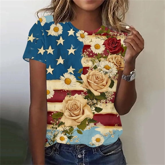 Goodtrade8 Women's American T Shirts Summer Short Sleeve Pullover Red White and Blue July 4th , Red White and Blue Graphic Crew Neck Fashion Tops for Junior Casual