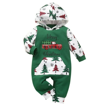 

Wodstyle Toddler Christmas Printed Hooded Long Sleeve Romper Winter Casual Playsuit Xmas Jumpsuits