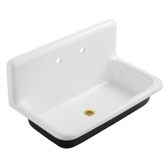 Kingston Brass Petra Galley KGCLWS3620197 Cast Iron Single Bowl Wall Mount Utility Sink with Drain, White/Brushed Brass