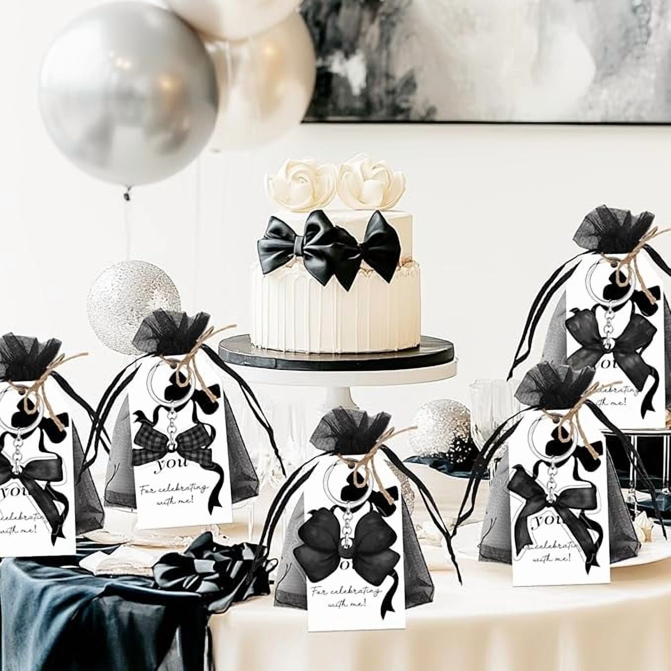 72Pcs Black Bow Party Favors Black Bow Key Chains Thank You Tags Bow Theme Keychains Gift Organza Bags for Girl Birthday Bachelorette Baby Shower Bridal Shower Party Supplies
