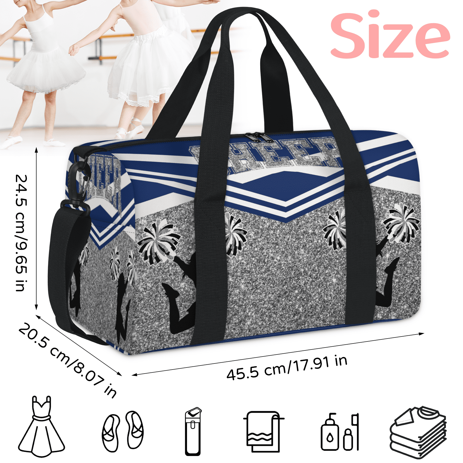 Herdesigns Blue Cheerleading Travel Duffle Bag Sports Yoga Weekender Overnight Carry on Workout Bags Lightweight Waterproof Gym Tote Bag for Women